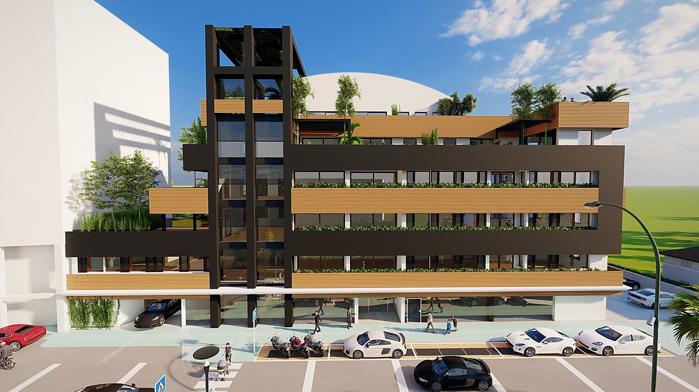 Via Alfieri: the street front with the rhythm of the walkways and the continuous planters