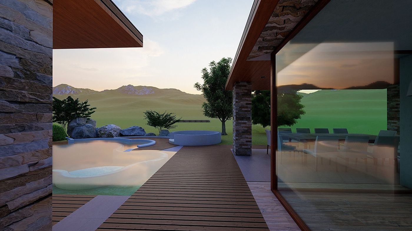 Il patio coperto con il pavimento di legno, aperto verso il lago