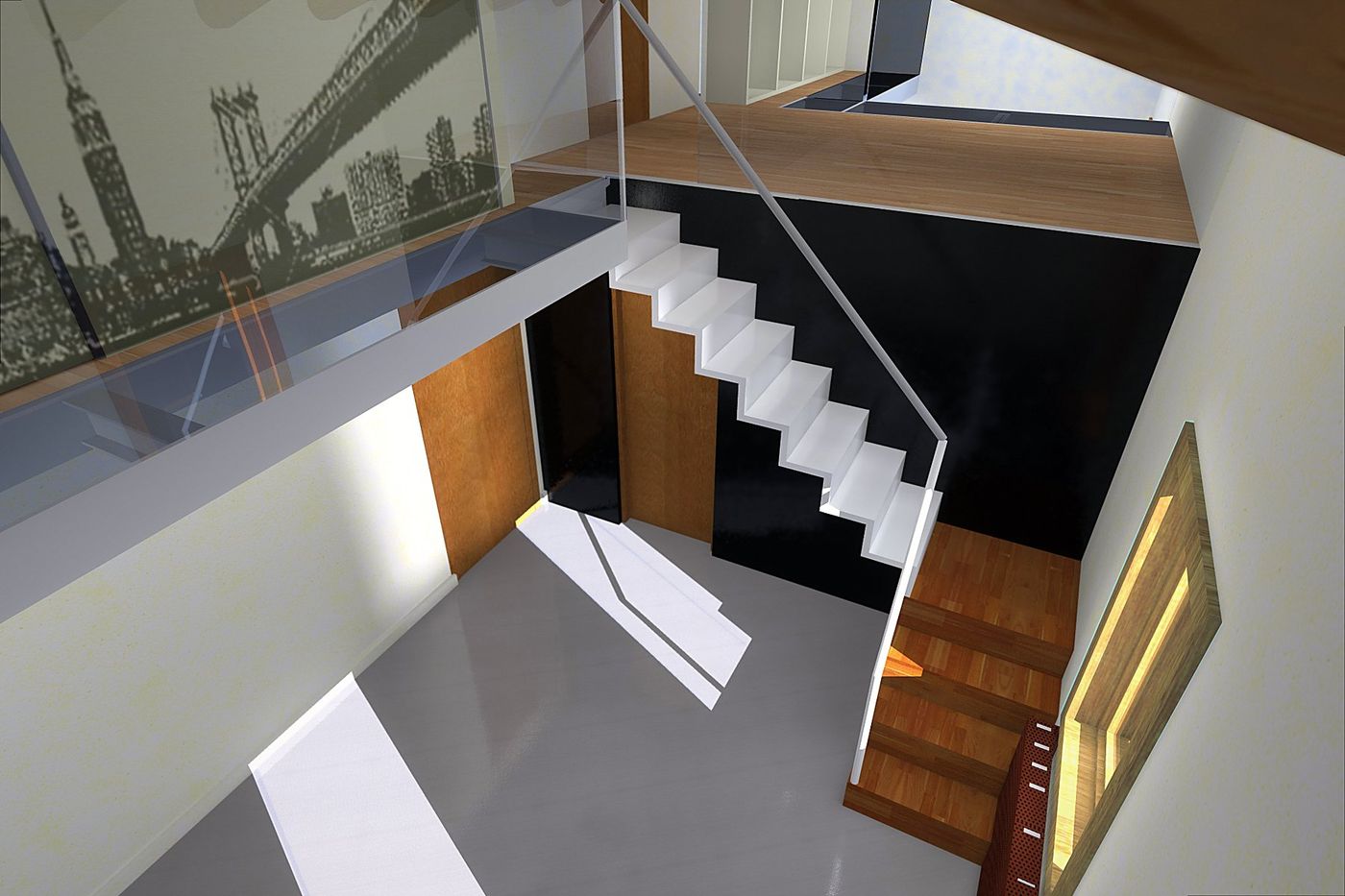 The staircase and the wardrobe seen from the mezzanine, with the glass balustrade