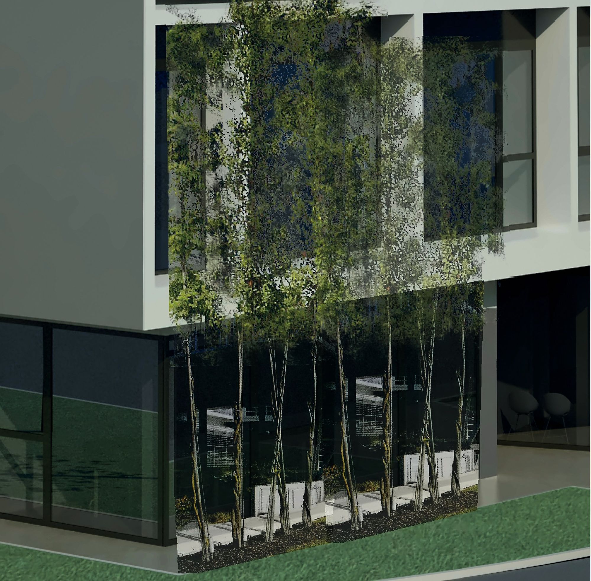 The front with the vertical green screens in front of the glazed ground floor