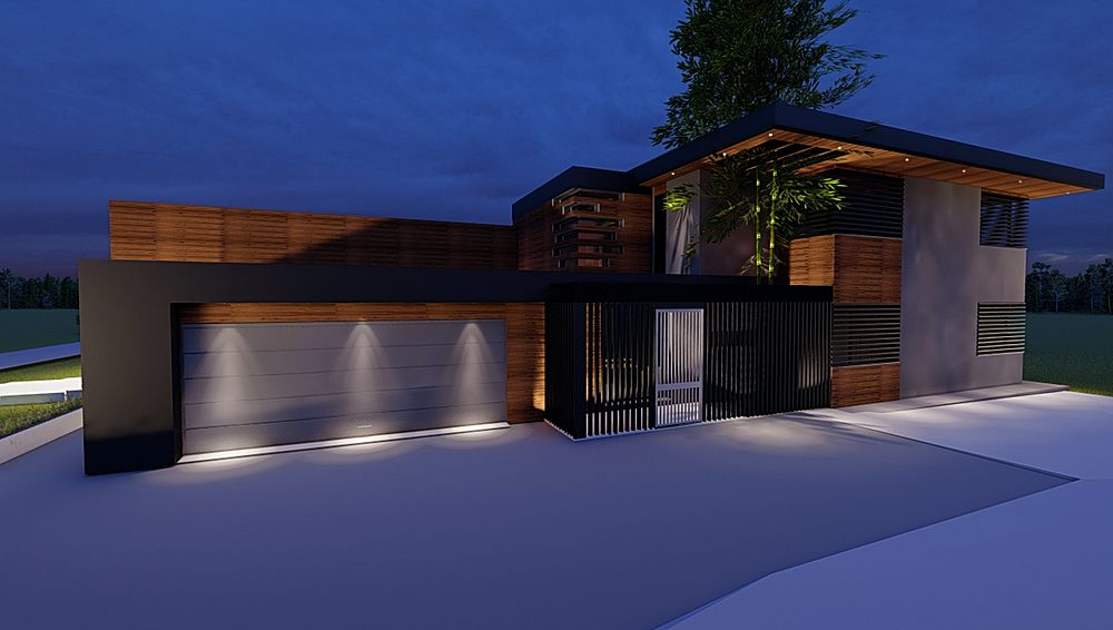 Zelarino: la villa di notte, con la luce sotto la copertura e il portale d'ingresso