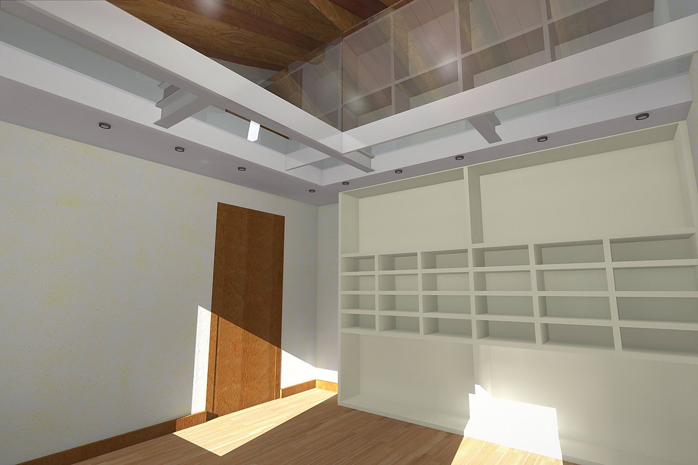 The fitted wall of the mezzanine seen head-on