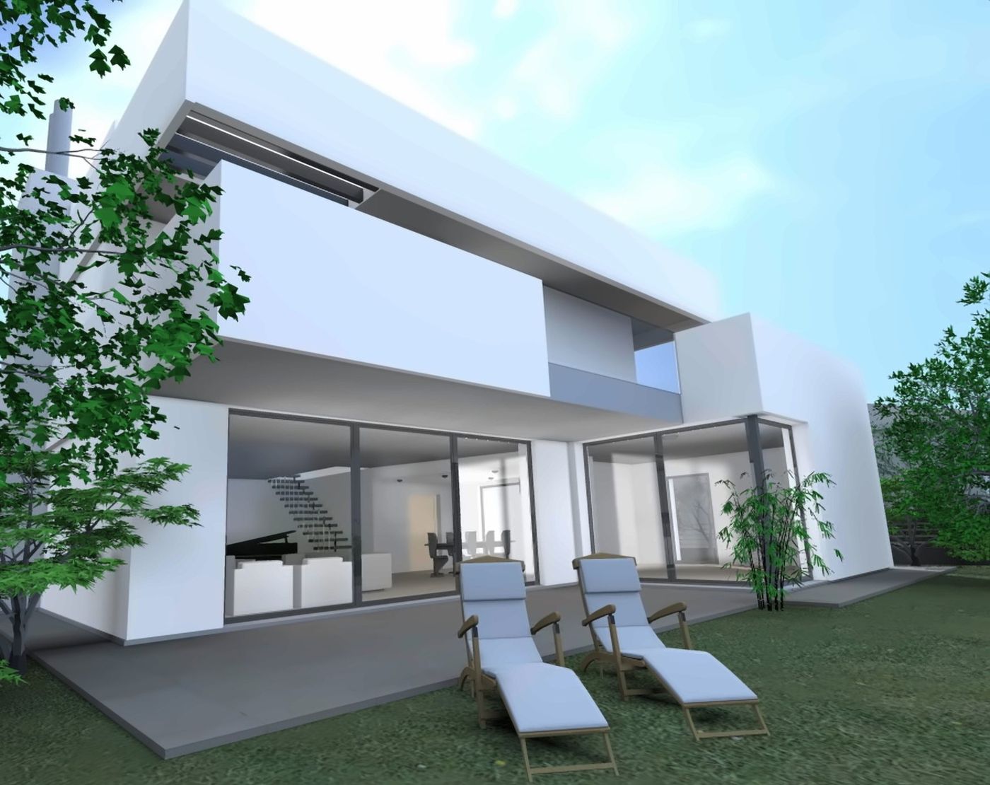 White in the City: the courtyard on the garden, with the living room opening full-height