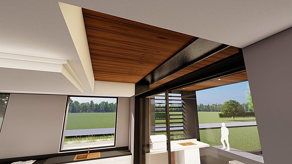 Zelarino: l'interno verso il giardino, con il soffitto di legno e la parete vetrata