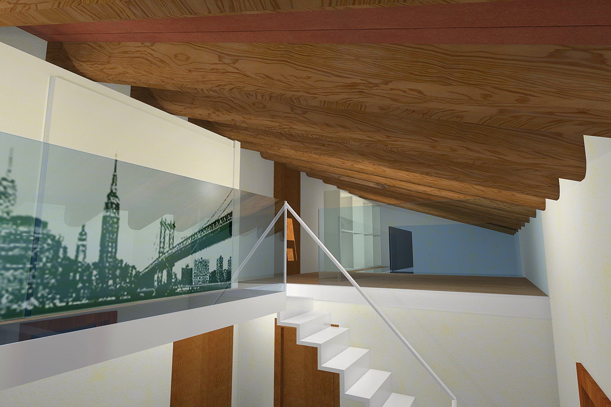 The mezzanine seen from below, with the open staircase and the glass balustrade