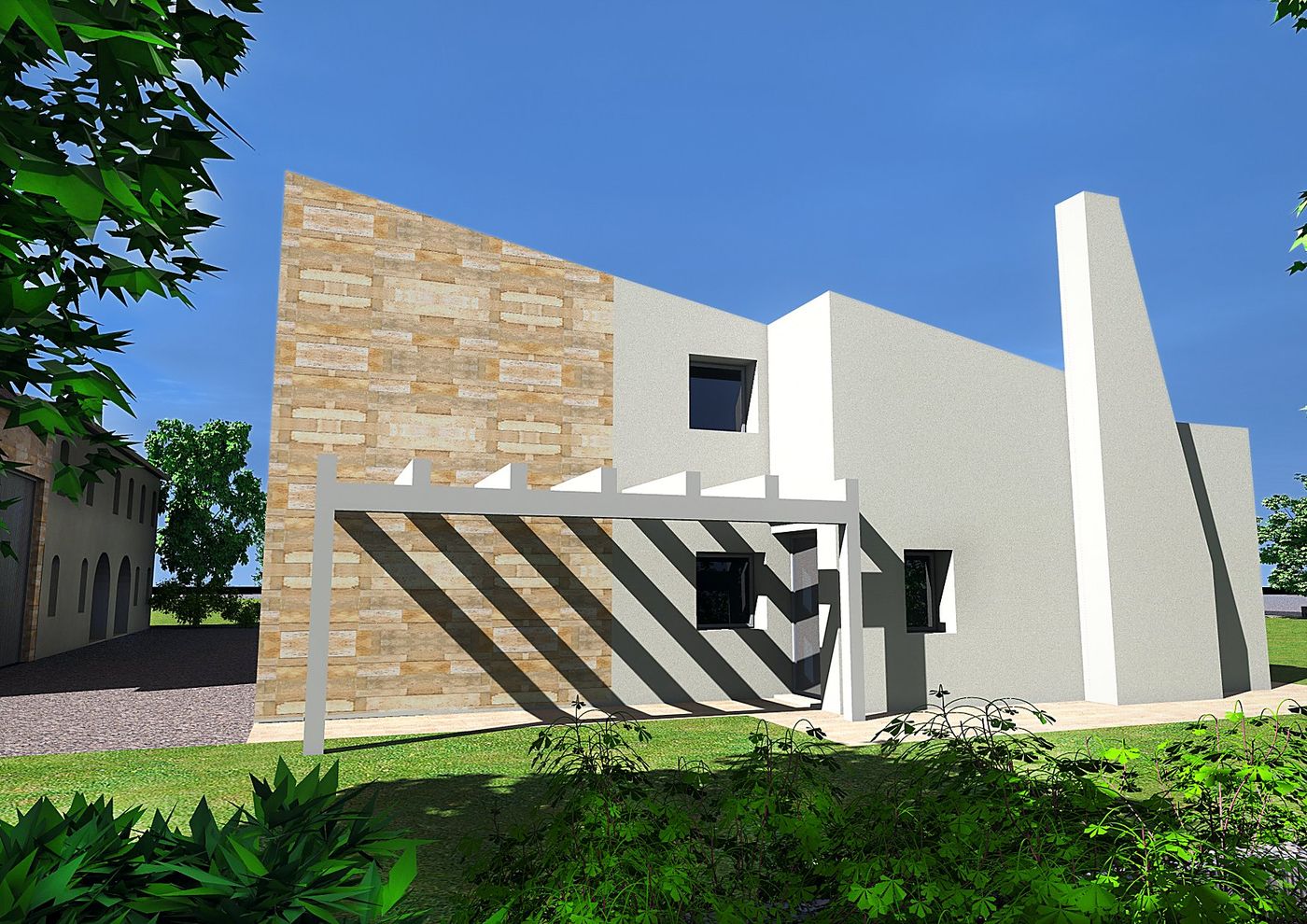 Tessari: the stone wall and the pergola on the side