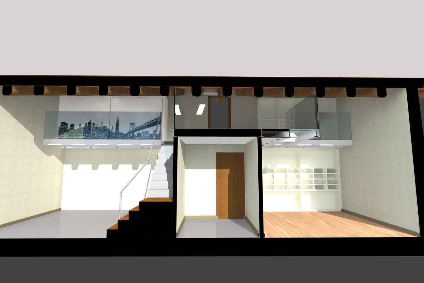 Cross section with the staircase and the glass balustrade