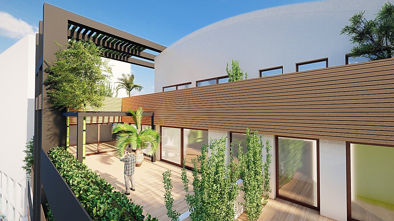 Via Alfieri: the covered walk beneath the pergola, towards the dwellings