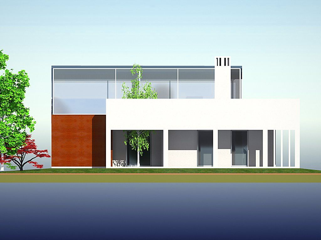 Il fronte laterale, bianco e corten, con i frangisole