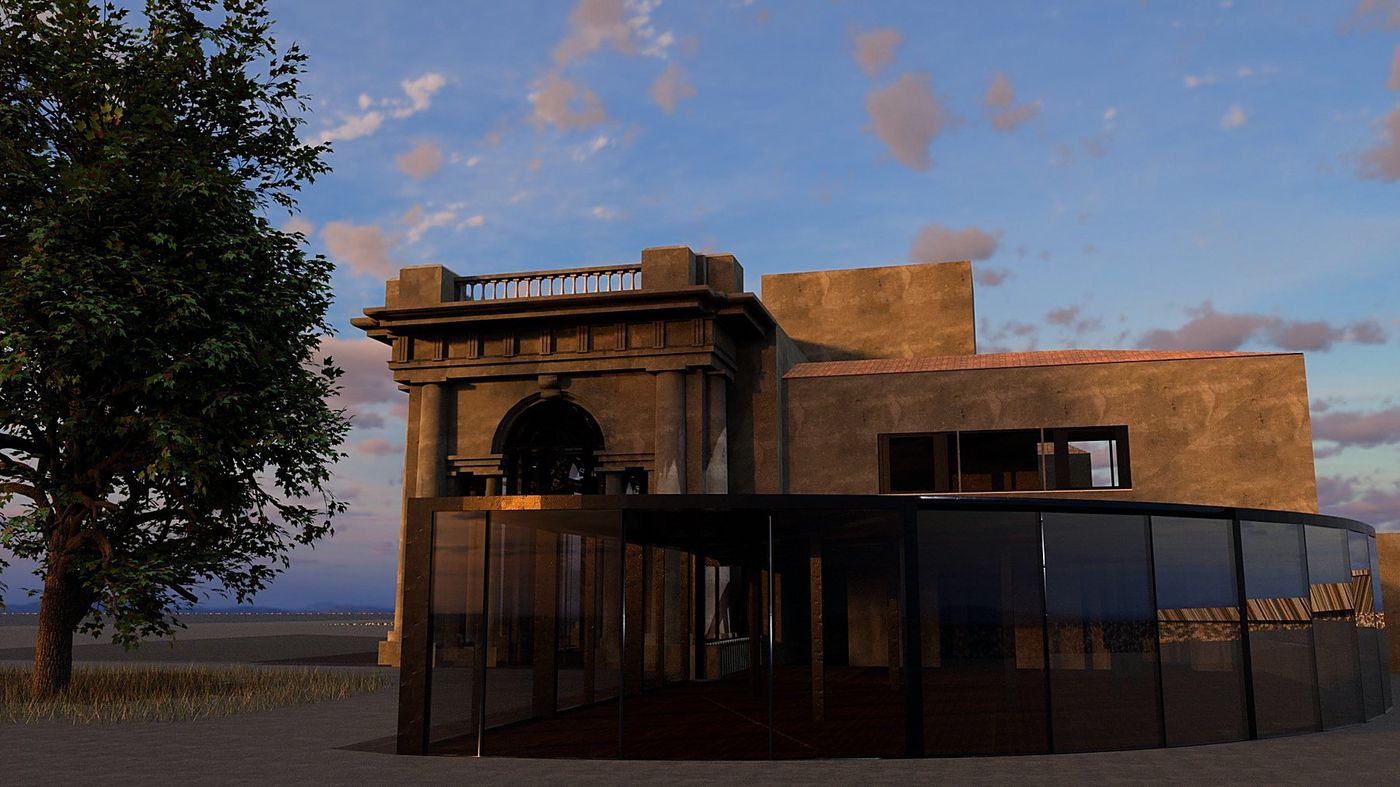 La veranda al tramonto vista dal basso, con la loggia e l’albero sulla sinistra