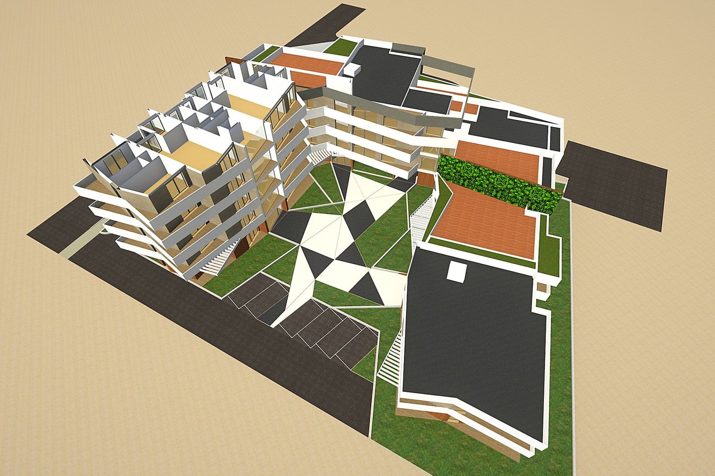 The complex and the neighbouring buildings of the same plan