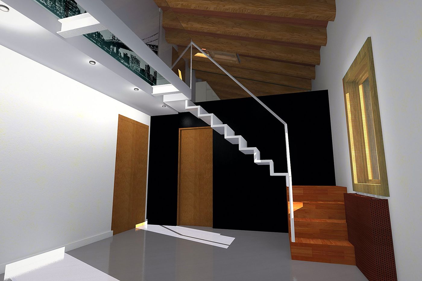 The staircase seen from the living room, with the spotlights of the false ceiling