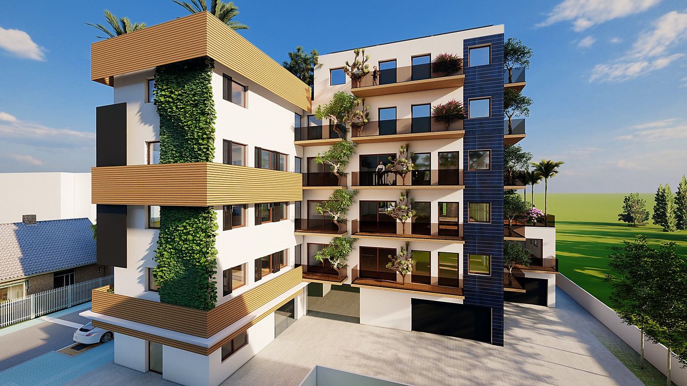 Via Alfieri: the corner with the climbing green wall and the wooden string courses, and the planted terraces on the front
