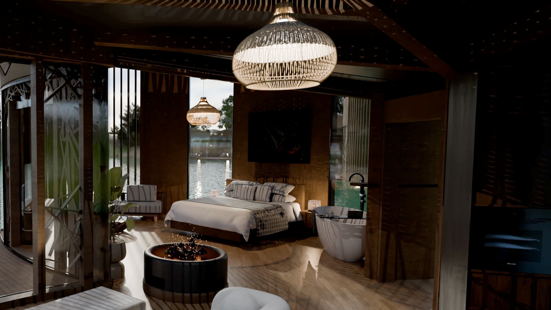 Interior: the bedroom on the water with the bed, the fire bowl, the bathtub and the woven-fibre lamps