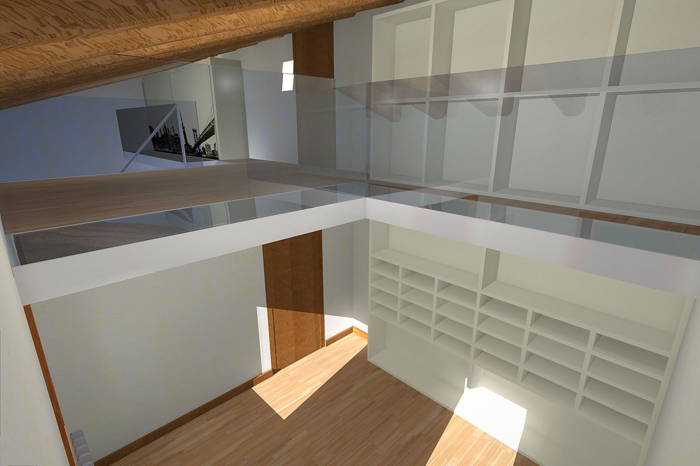 The mezzanine floor in wooden boards and the glass balustrade