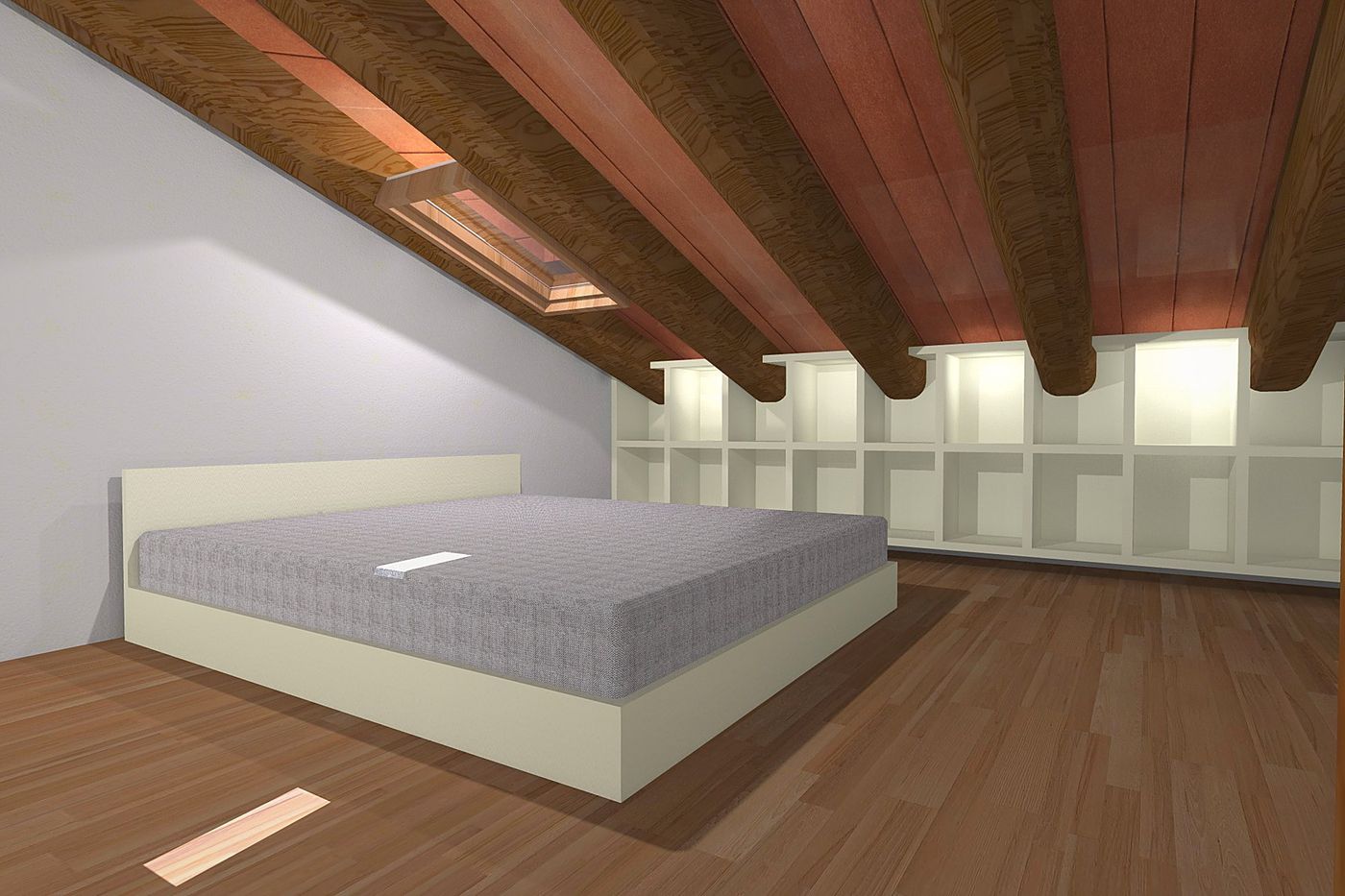 The bed beneath the wooden beams, with the full-wall wardrobe