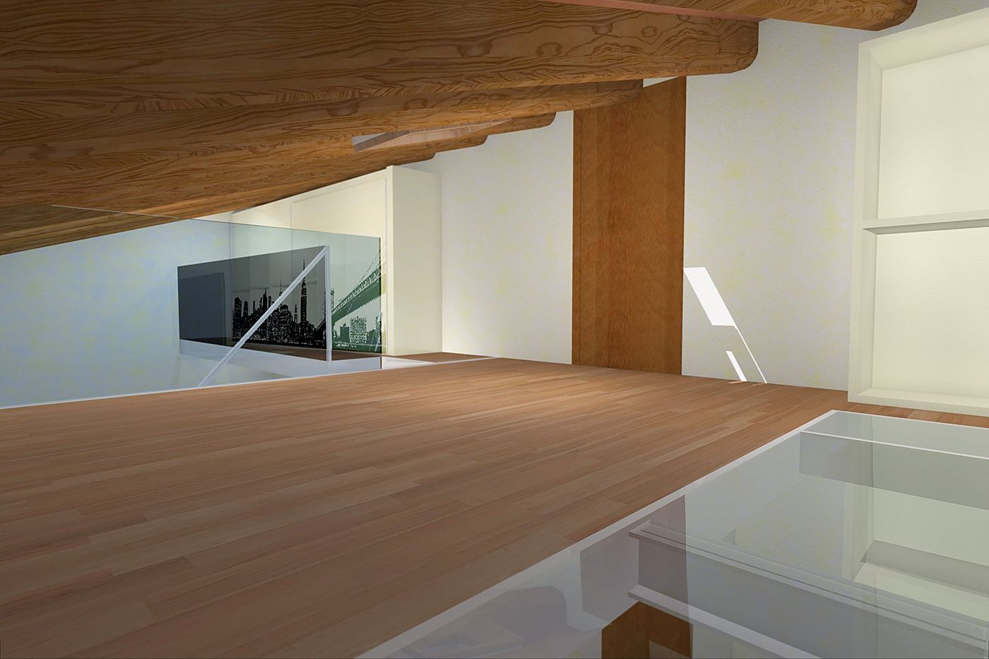The wardrobe with its sliding doors decorated with the skyline