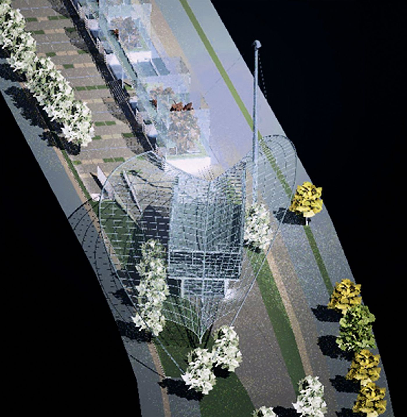 The area from above with the lattice roof and the rows of trees