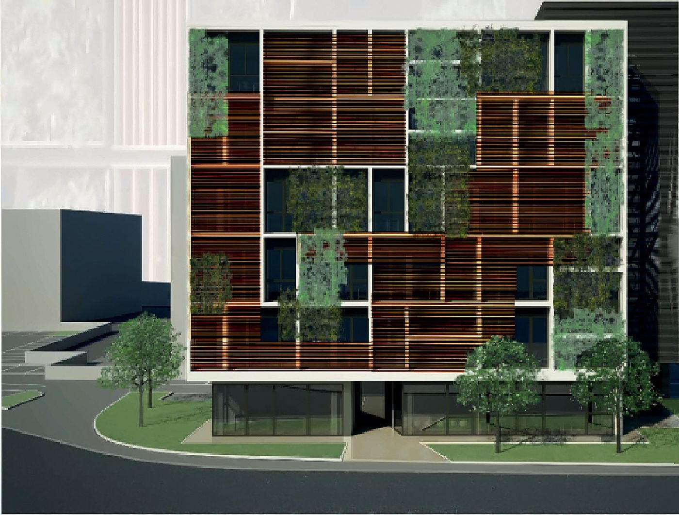 The building on the corner, with the wooden screens and the green panels