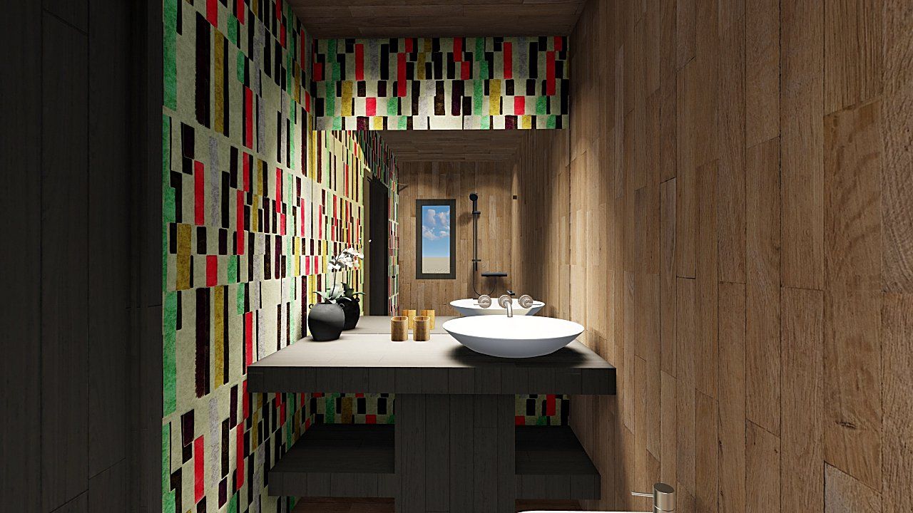 Il bagno rivestito con la tessitura di piastrelle colorate