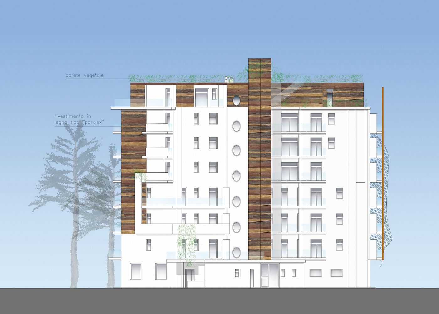 Bali: prospetto con la parete vegetale e il rivestimento in legno