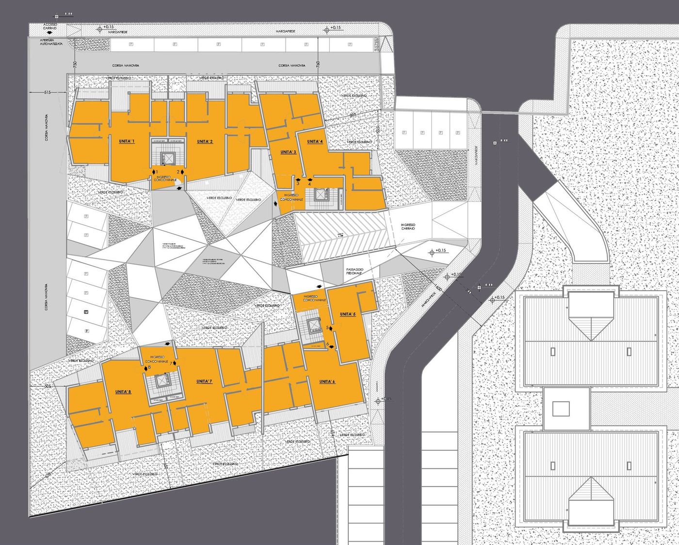 Typical floor plan, with the units and the stair cores