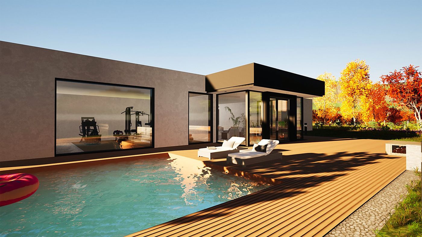 The pool and the wooden deck in front of the glass living room, in autumn