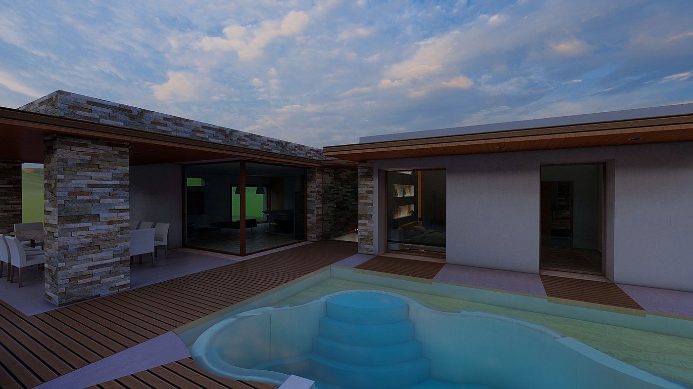 La piscina e il deck davanti alle vetrate, con i muri di pietra