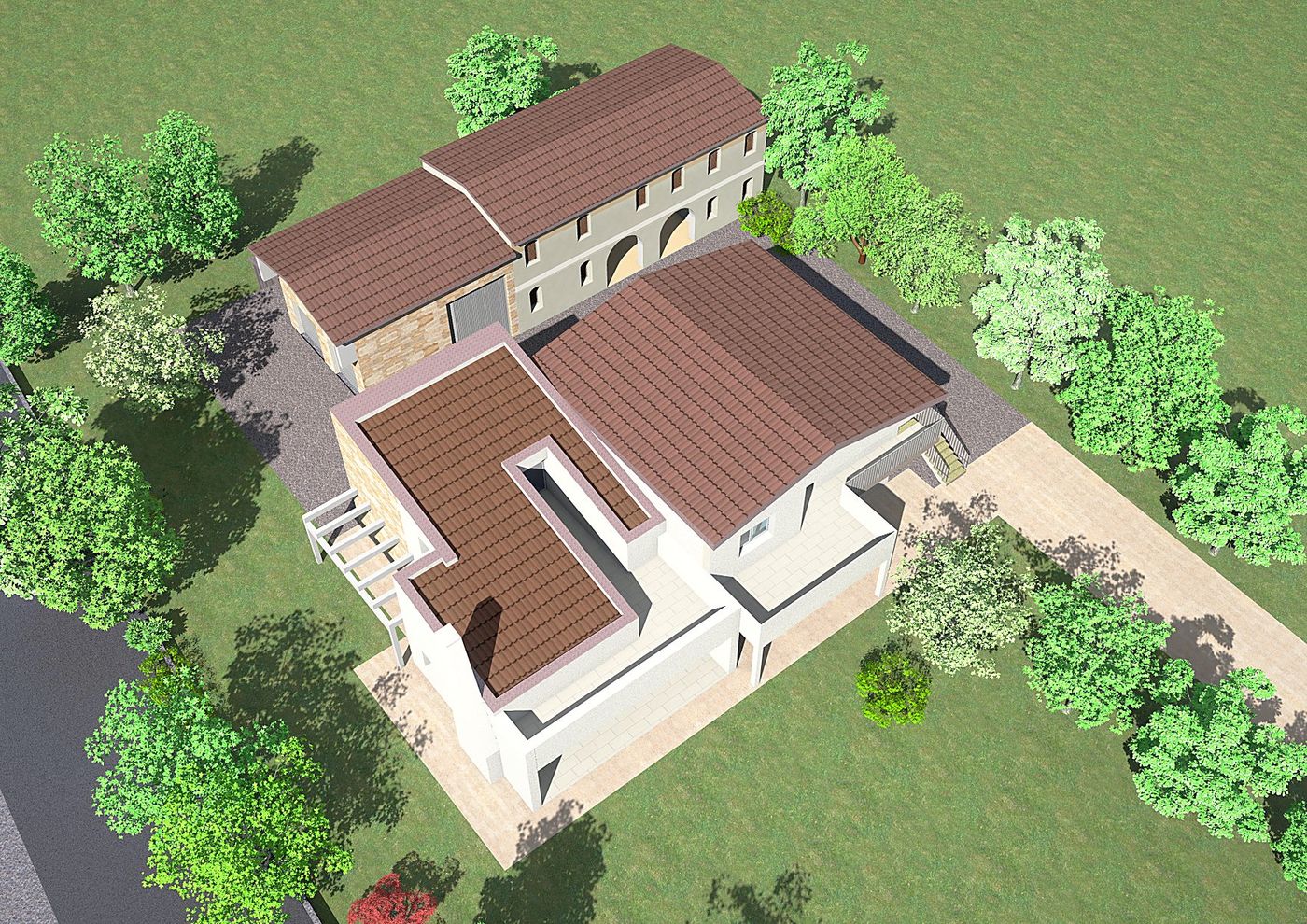 Tessari: the whole from above, with the existing barchessa
