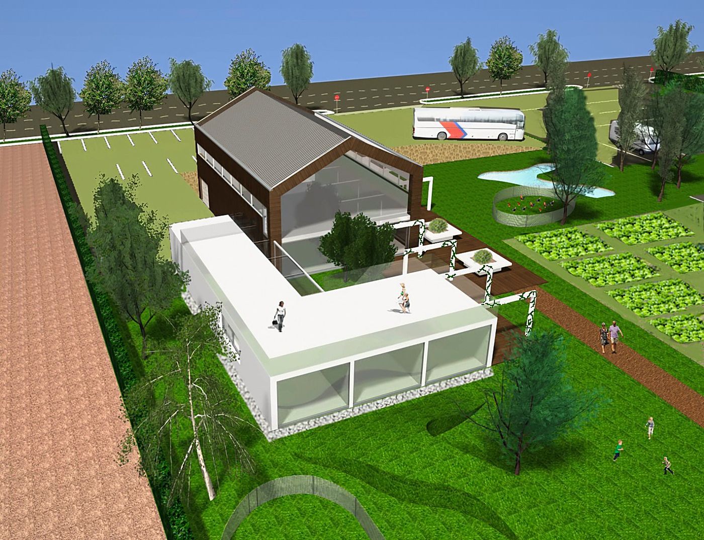 The farm seen from above, with the vegetable gardens, the car park and the camper area