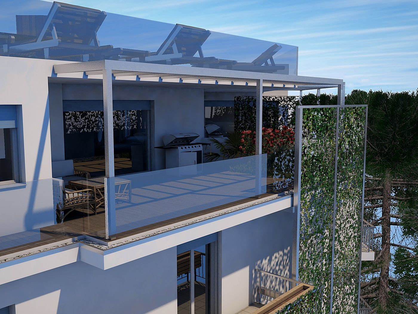 Bali: la terrazza con la pergola, il verde di risalita e la copertura praticabile