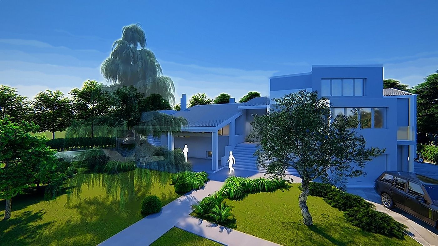 Villa with pool in Mogliano: the garden front with the willow