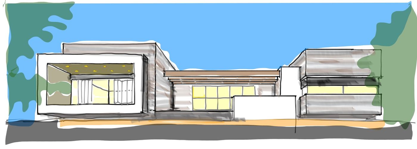 Hand sketch of the elevation: the three low volumes, the pergola and the glazing