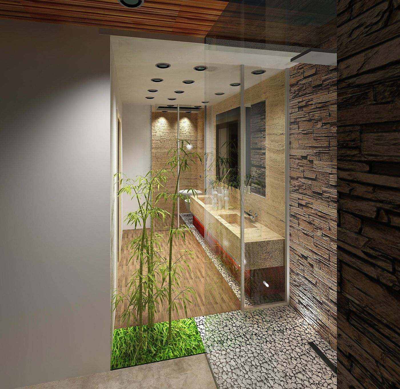 Il bagno con la parete di verde vivo e la pietra a spacco