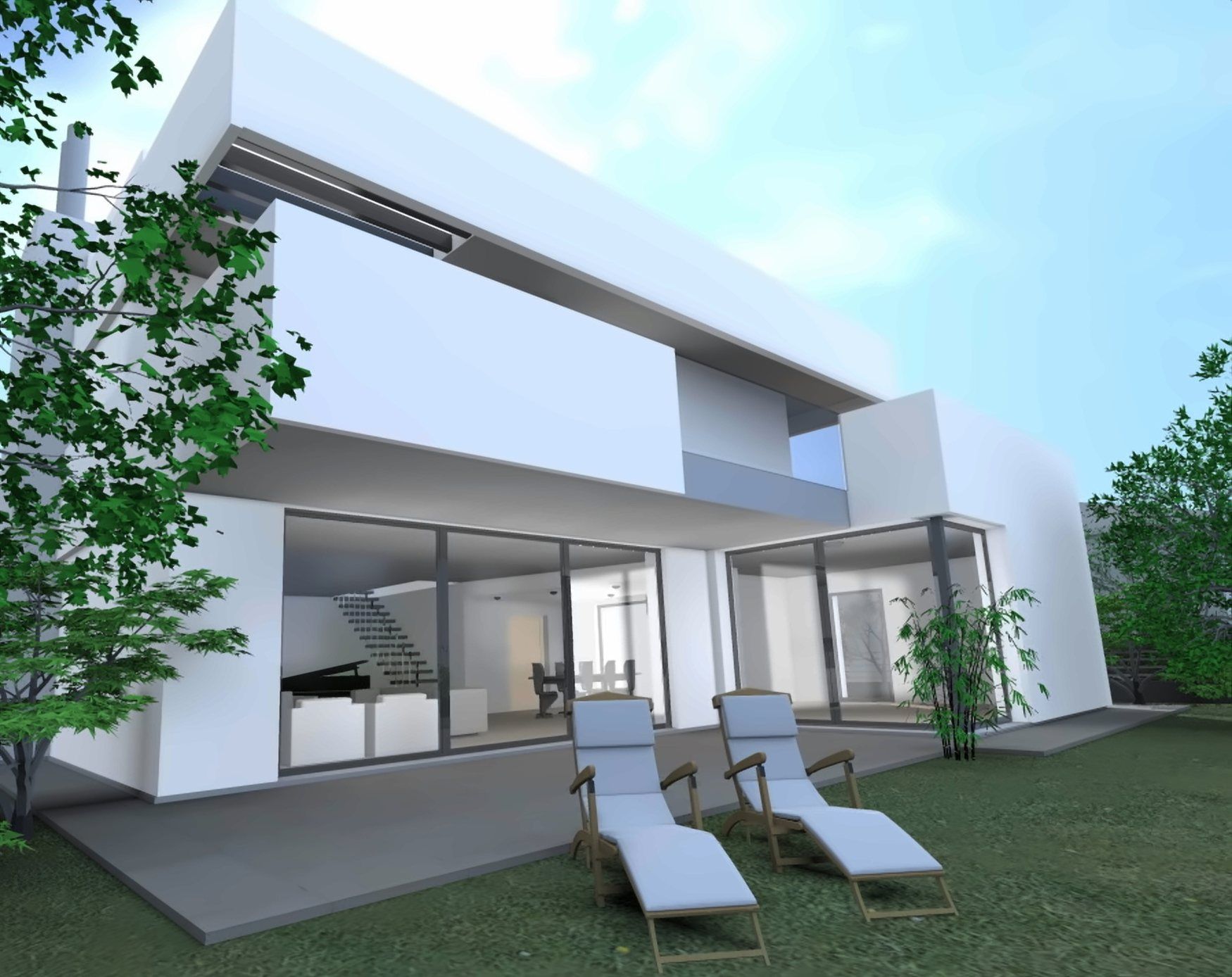 White in the City: the south corner of the villa, with the white volume cantilevered above the living-room glazing and two deckchairs on the lawn