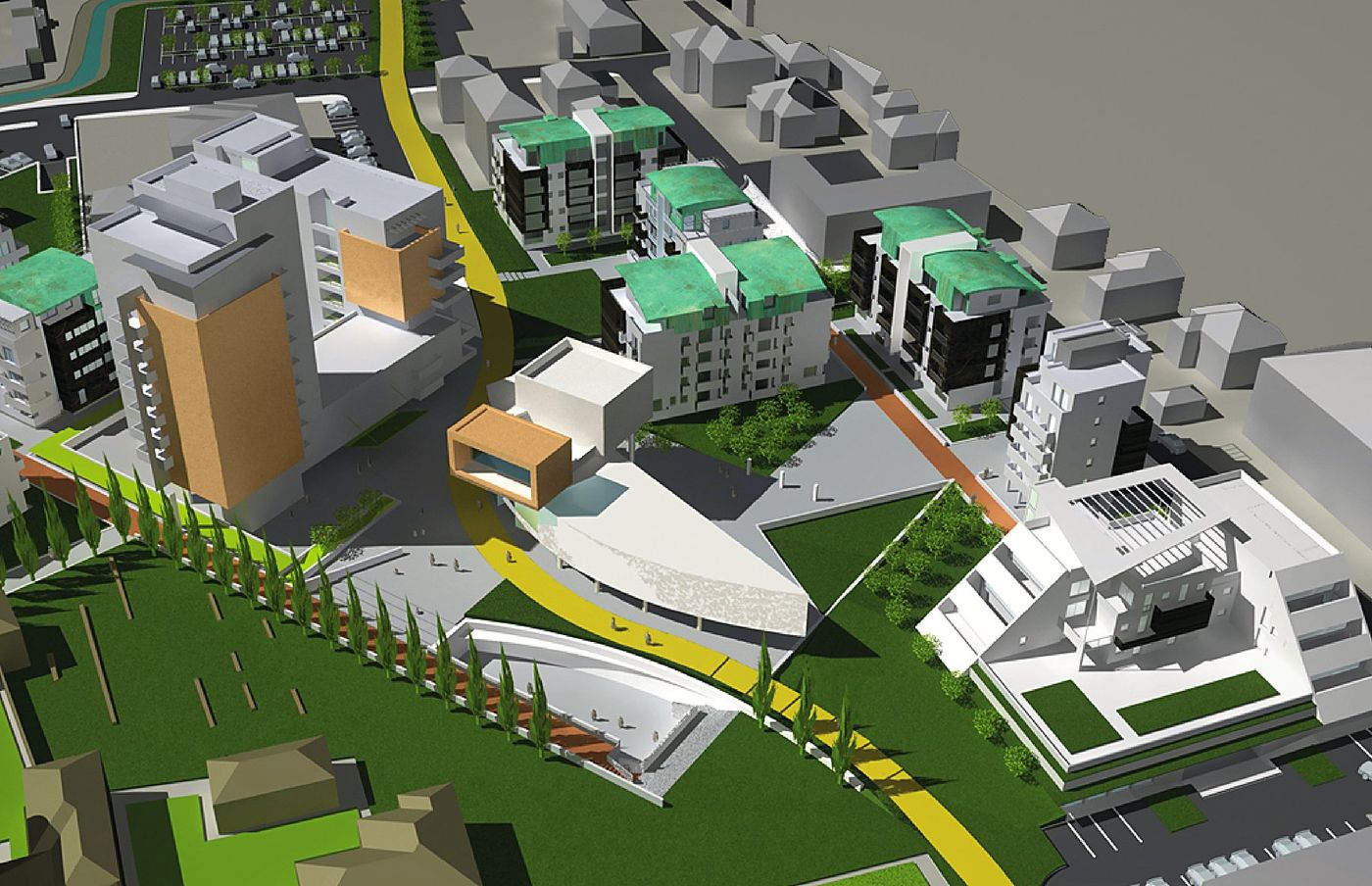 Studio volumetrico dell’area con i percorsi e il verde