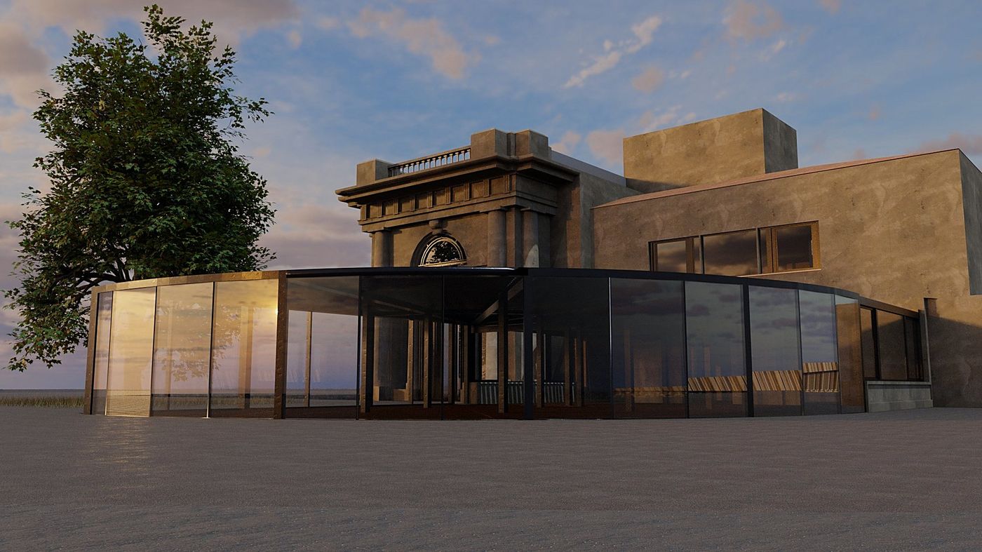 La veranda di vetro curva sul fianco della loggia, al tramonto