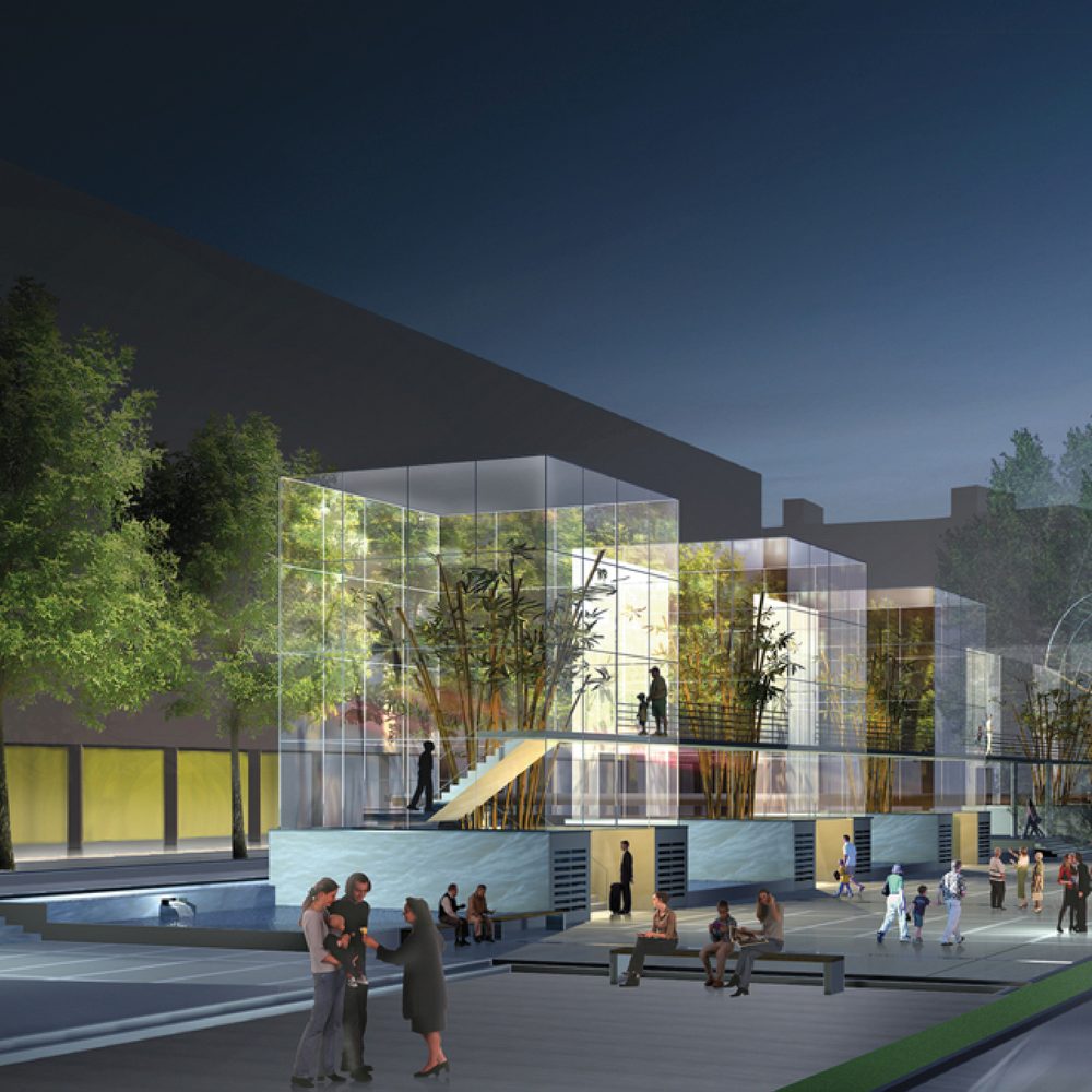 Competition for Piazza Barche: the square in the evening, with the glass volume and the greenery inside