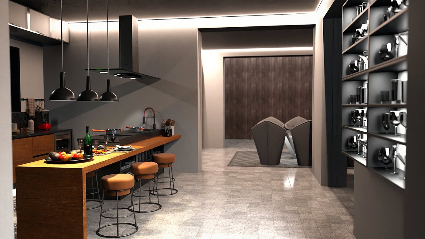 The kitchen with the wooden counter and the backlit wall of glasses