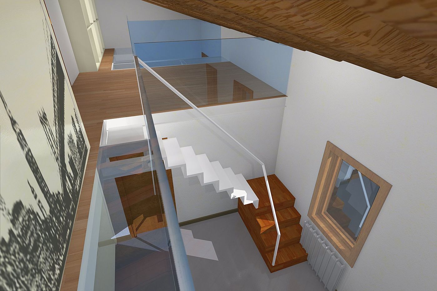 The open steel-and-wood staircase rising from the living room