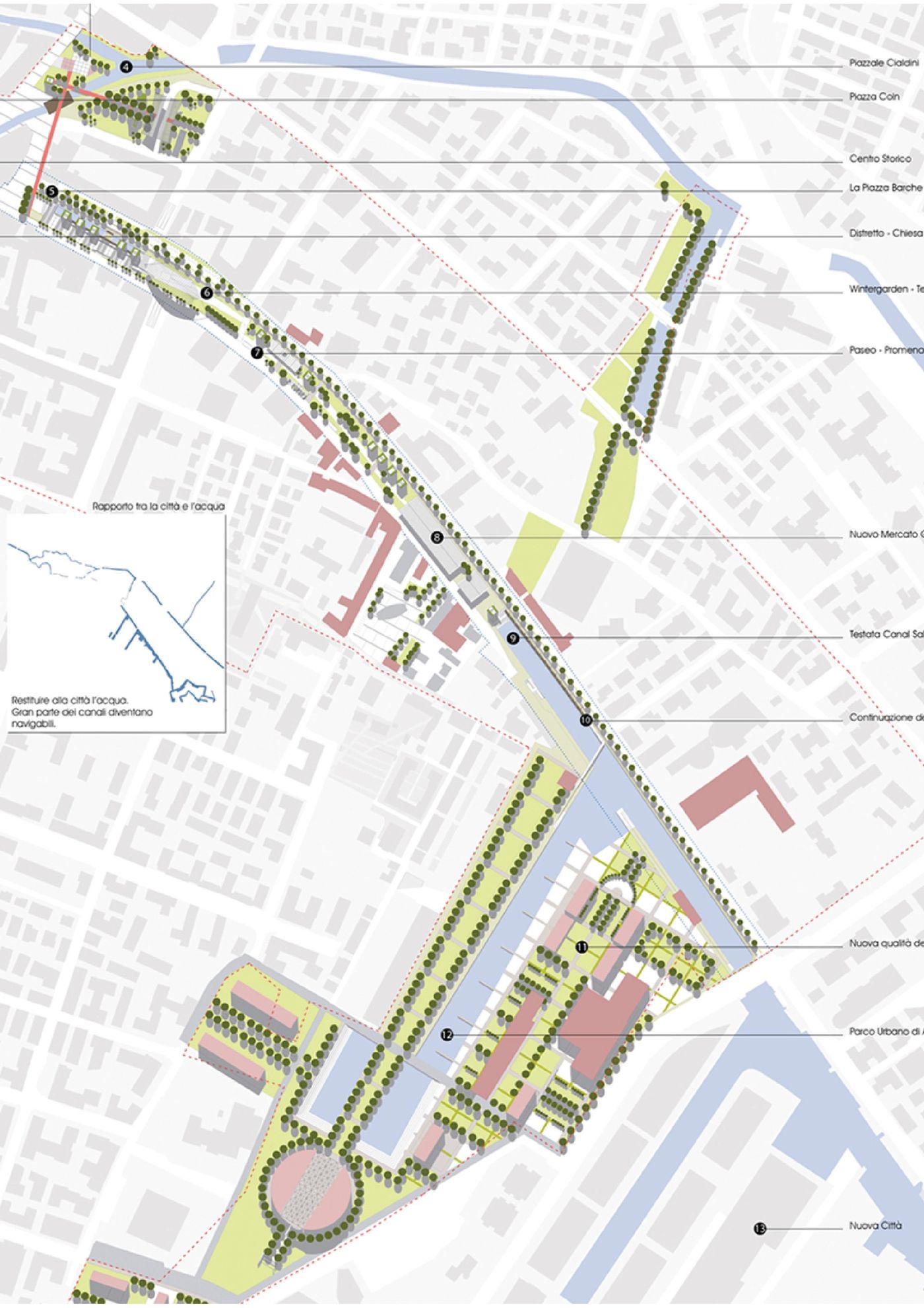 Plan of the intervention along the Canal Salso, with the functions marked
