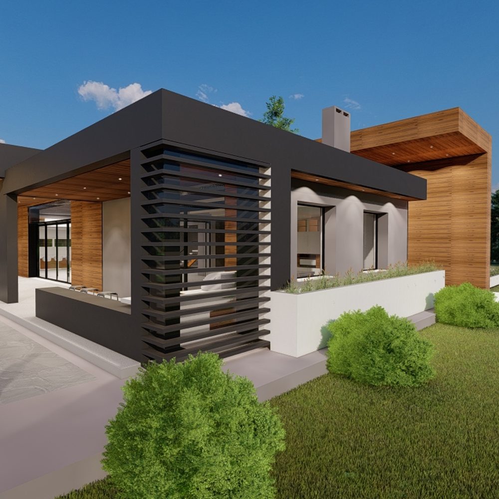 Zelarino: the corner of the villa with the dark-slat brise-soleil and the timber-clad volume