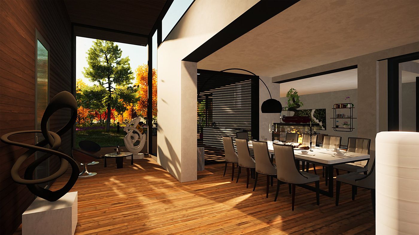 The dining room open onto the wooden patio and the garden
