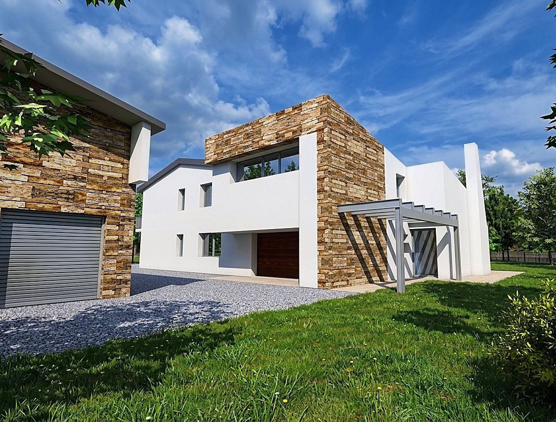 Tessari: the villa seen from the lawn, with the stone-clad volume and the entrance canopy