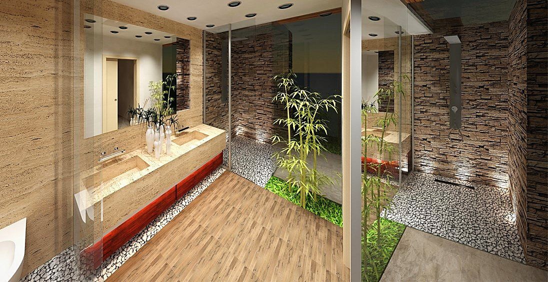 Il bagno padronale con il lavabo lungo, la pietra e il verde