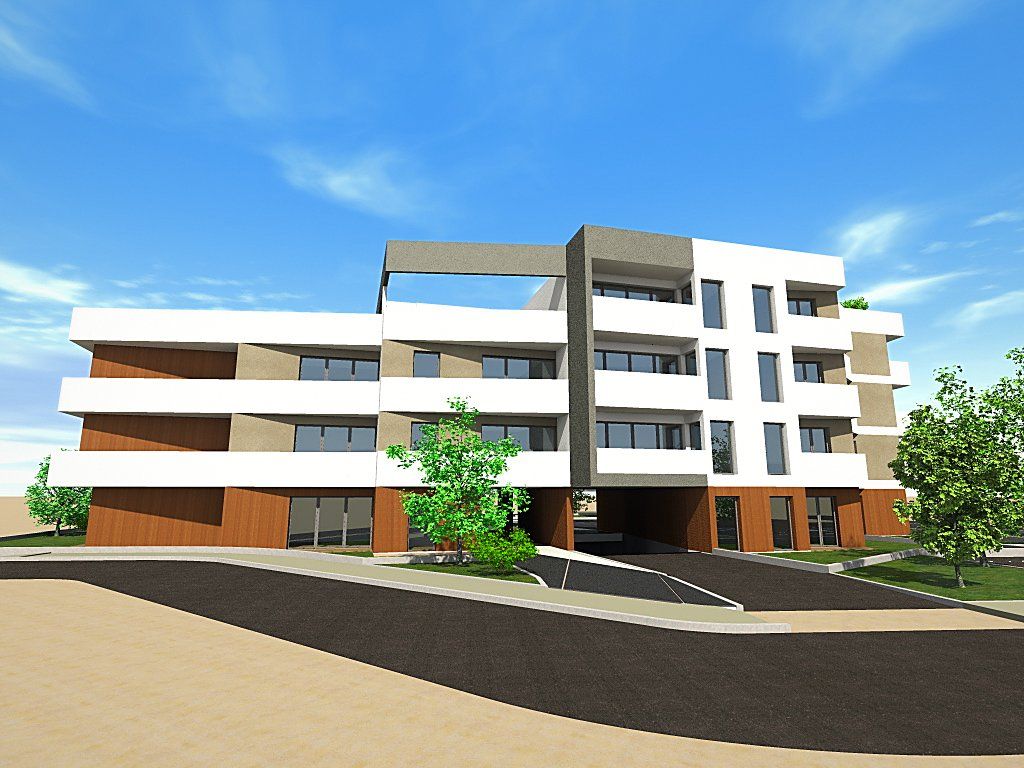 The street front, with the bands of balconies and the timber cladding