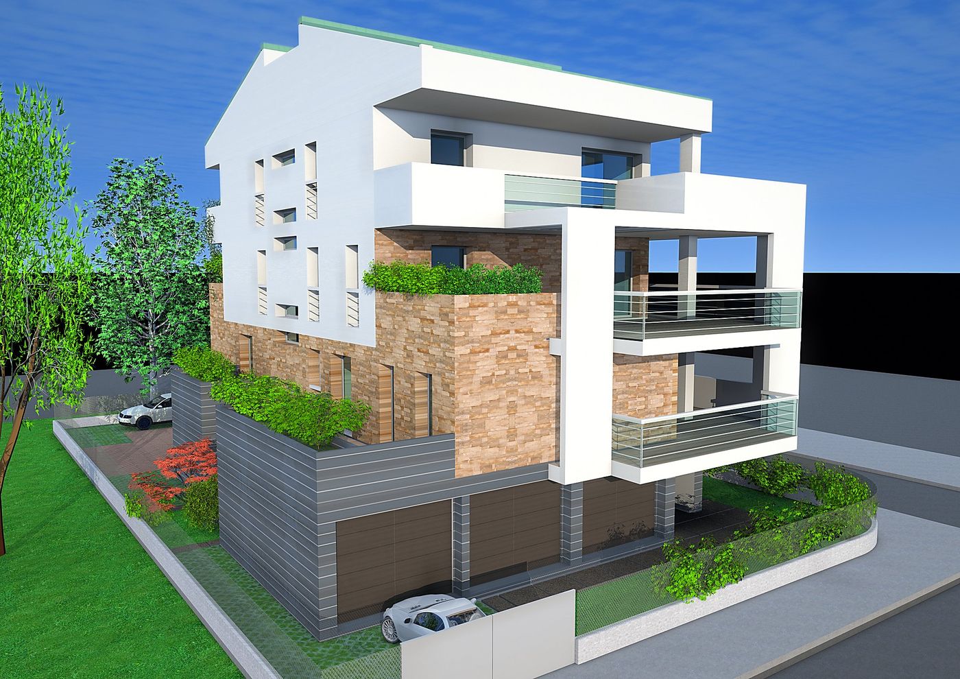 Condominio Biancon: la vista d'angolo con i rivestimenti in pietra e le fioriere continue