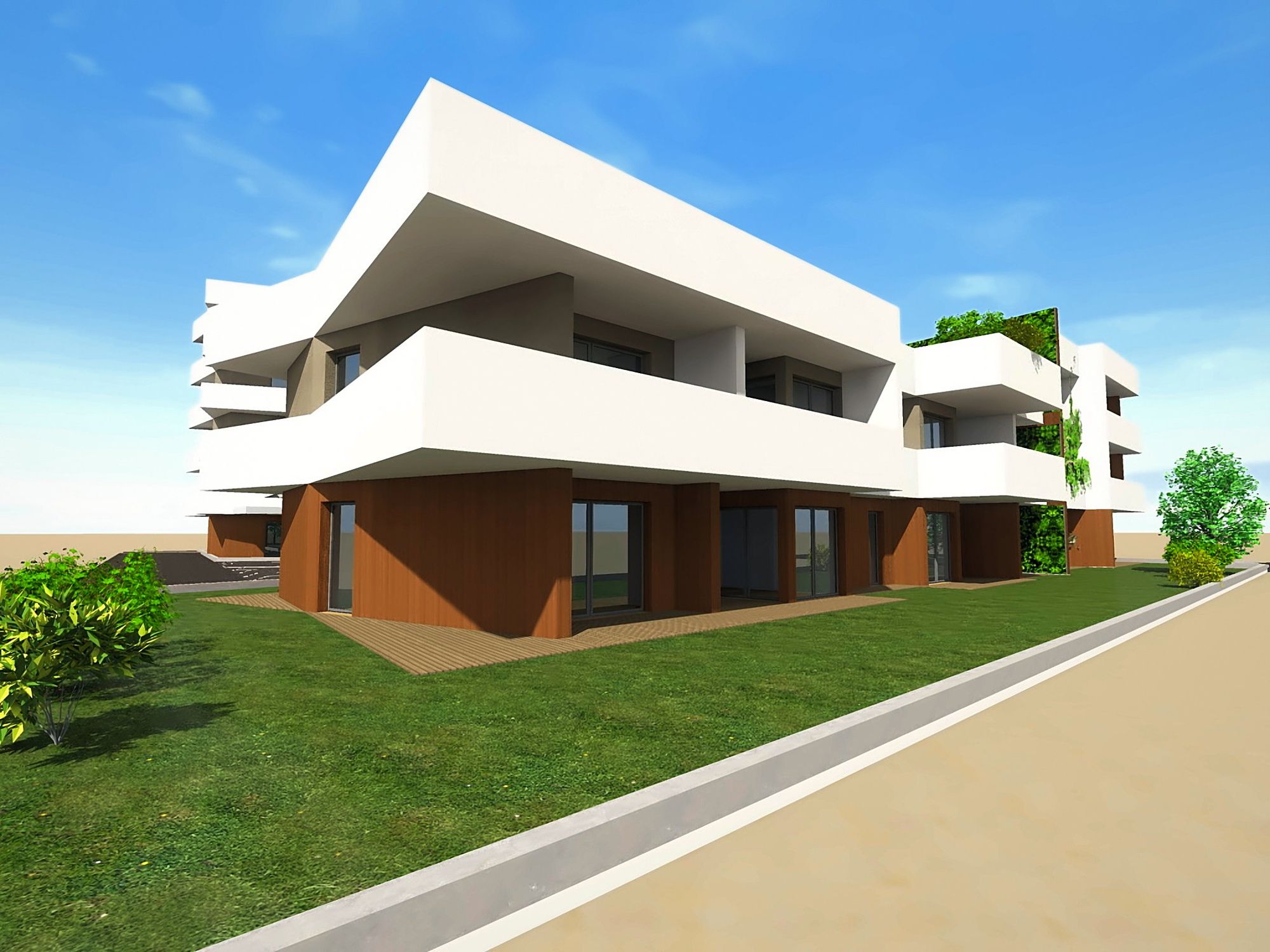 The front on the greenery: the folded white volumes and the timber-clad base