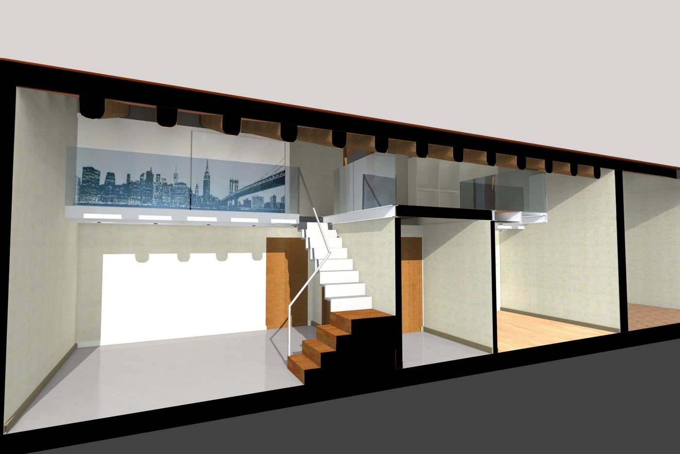 Longitudinal section: the mezzanine resting on the bathroom and hallway block