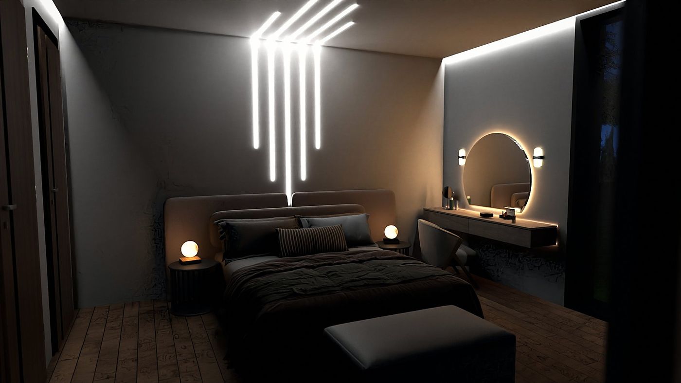 The master bedroom with the cascade of light above the bed